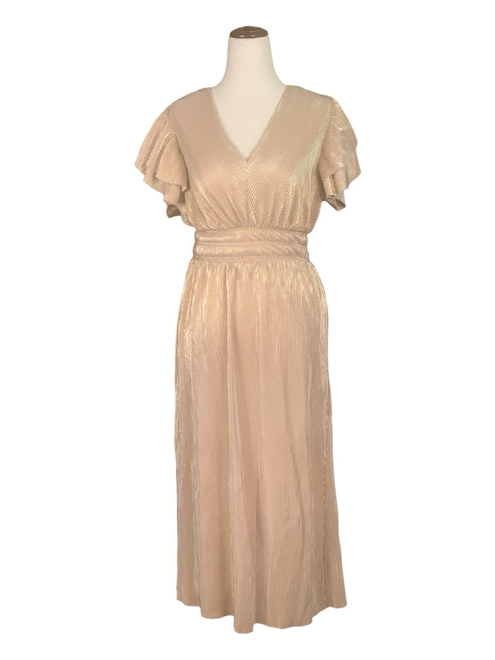 Chenault‎ Rose Gold Tan Ruffle Flutter Sleeves Midi Dress V-Neck Metallic Size S